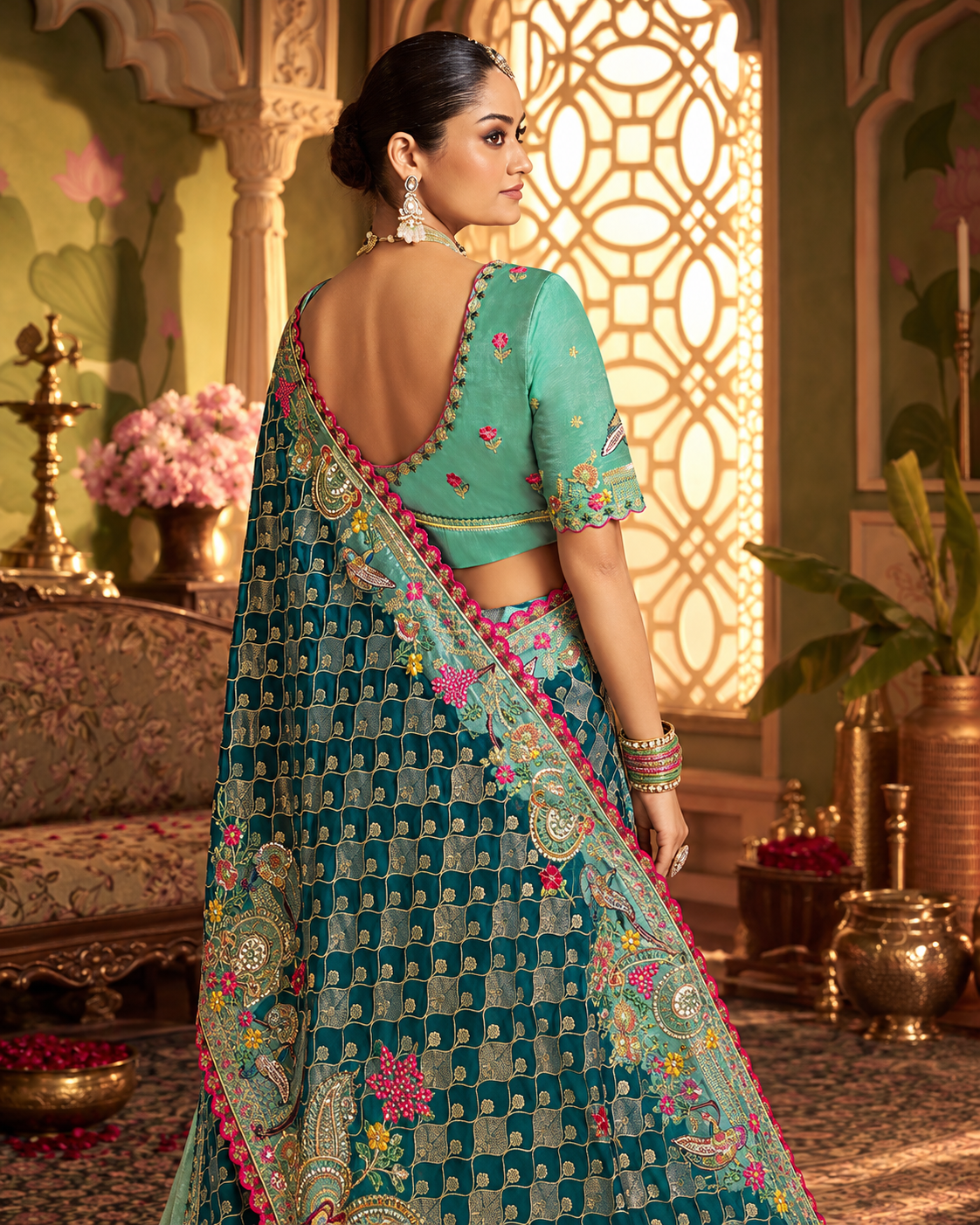 Royal Sea Green & Peacock Blue Designer Saree
