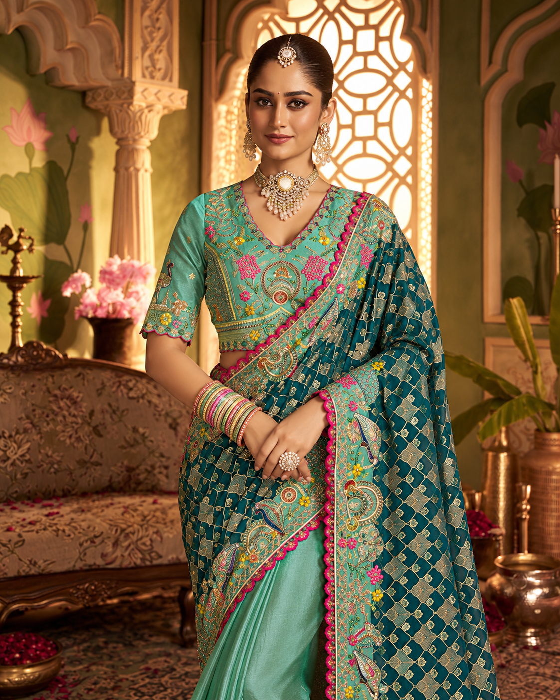Royal Sea Green & Peacock Blue Designer Saree