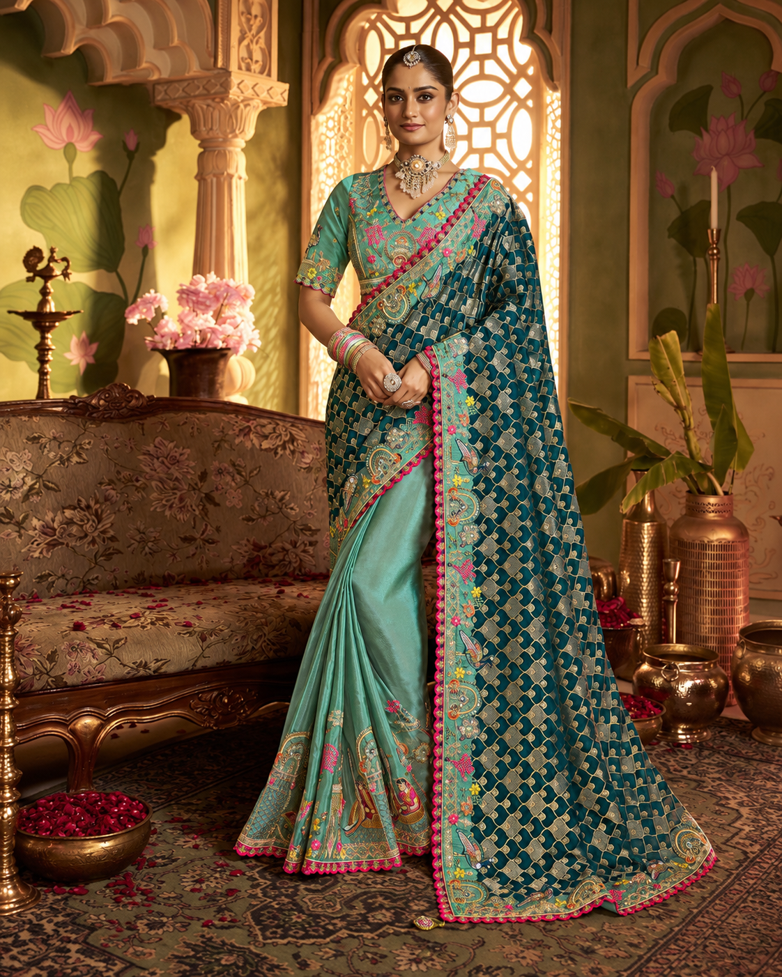Royal Sea Green & Peacock Blue Designer Saree Main image
