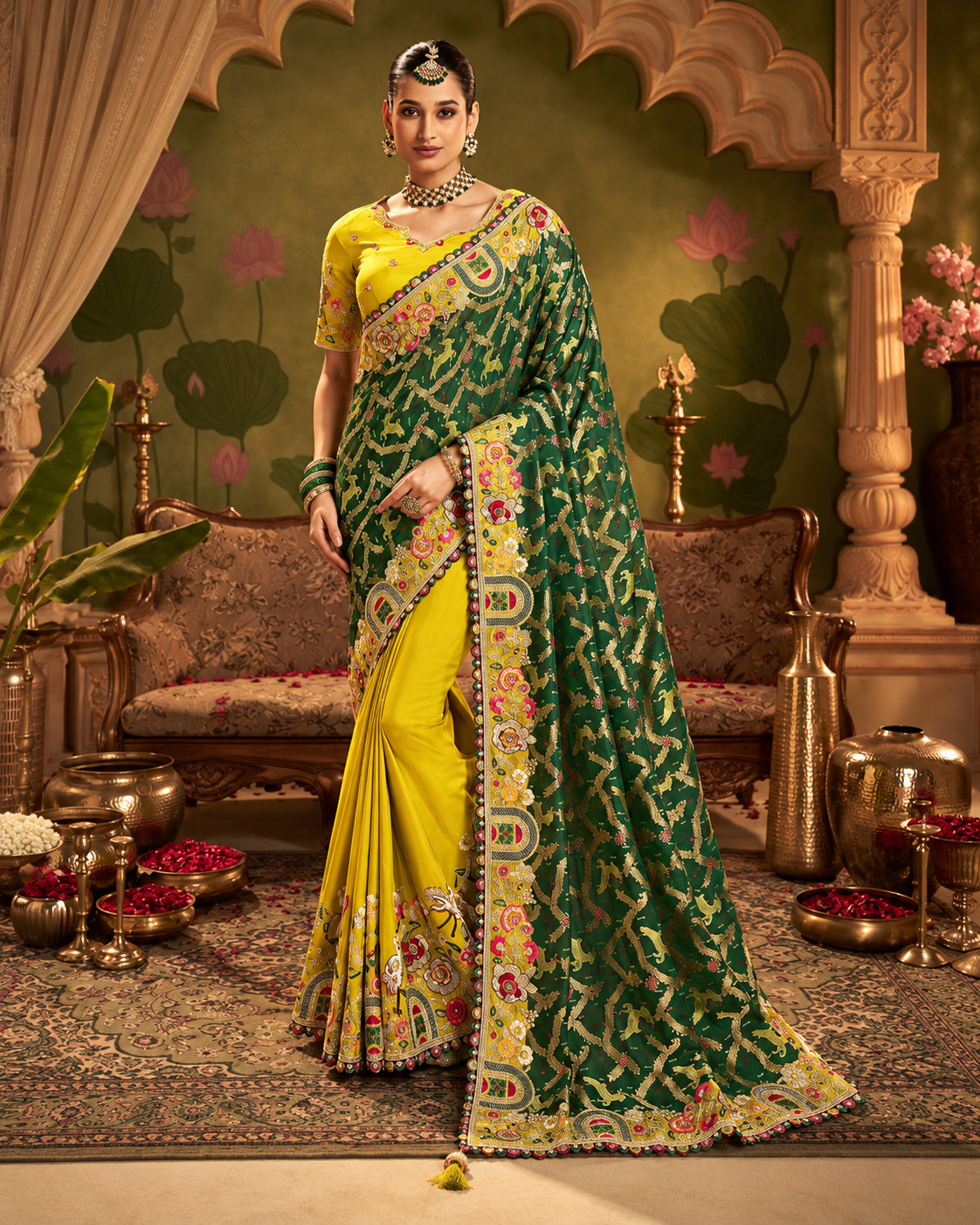 Emerald Green & Yellow Designer Saree with Traditional Embroidered Border Main image
