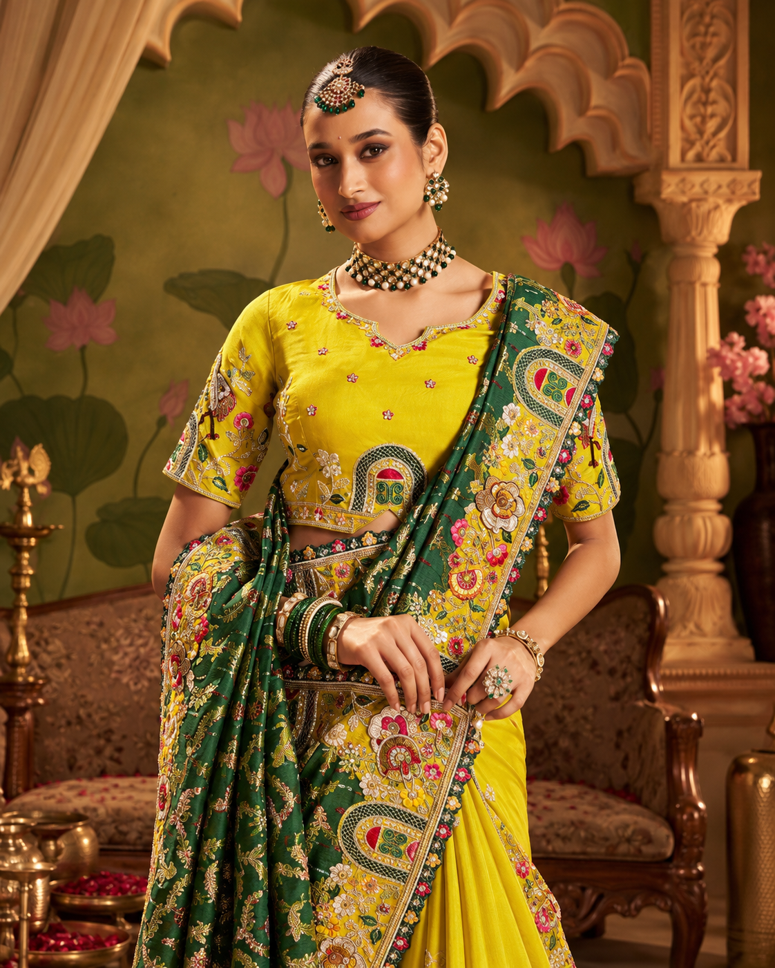 Emerald Green & Yellow Designer Saree with Traditional Embroidered Border