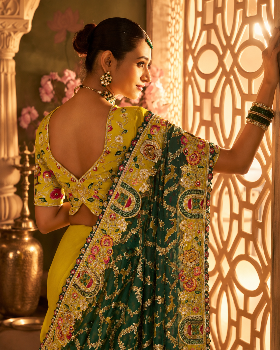 Emerald Green & Yellow Designer Saree with Traditional Embroidered Border