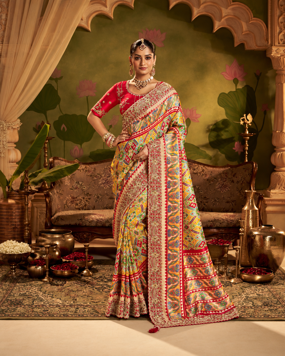 Multicolour Patola Print Saree with Rich Red Embroidered-Style Border