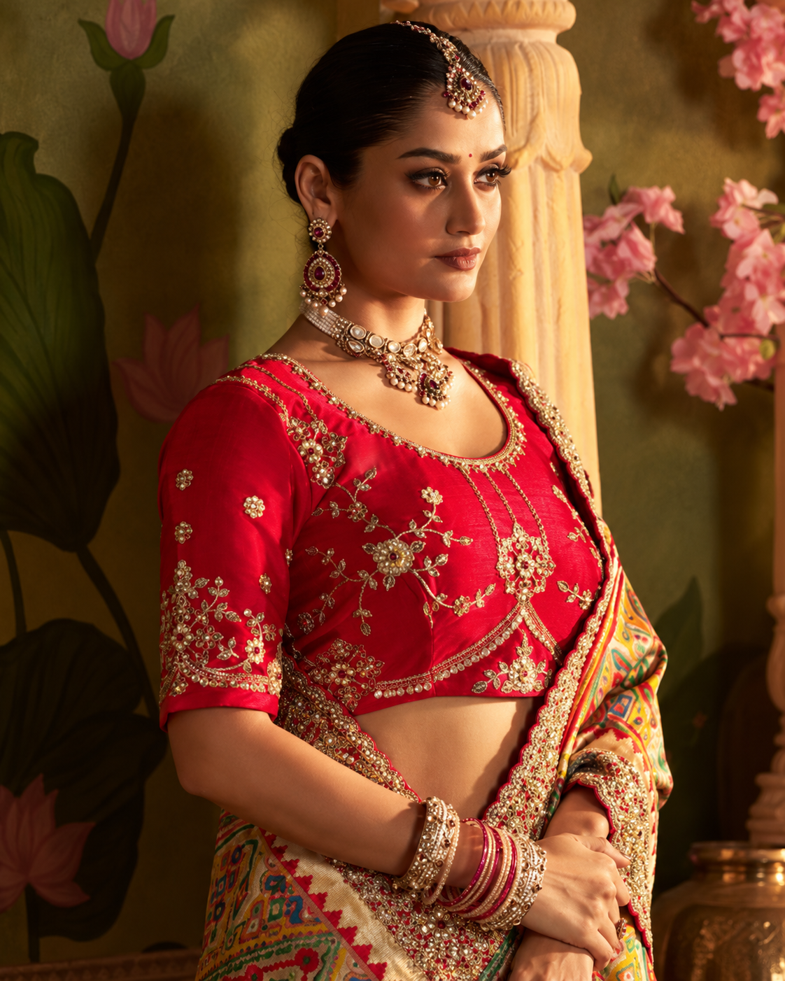Multicolour Patola Print Saree with Rich Red Embroidered-Style Border Secondary image