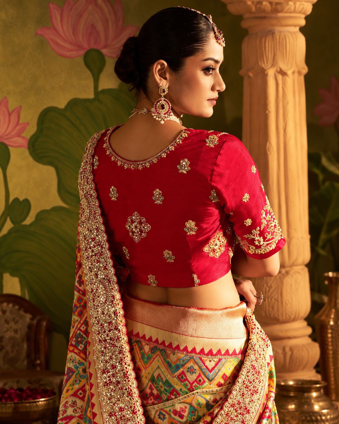 Multicolour Patola Print Saree with Rich Red Embroidered-Style Border