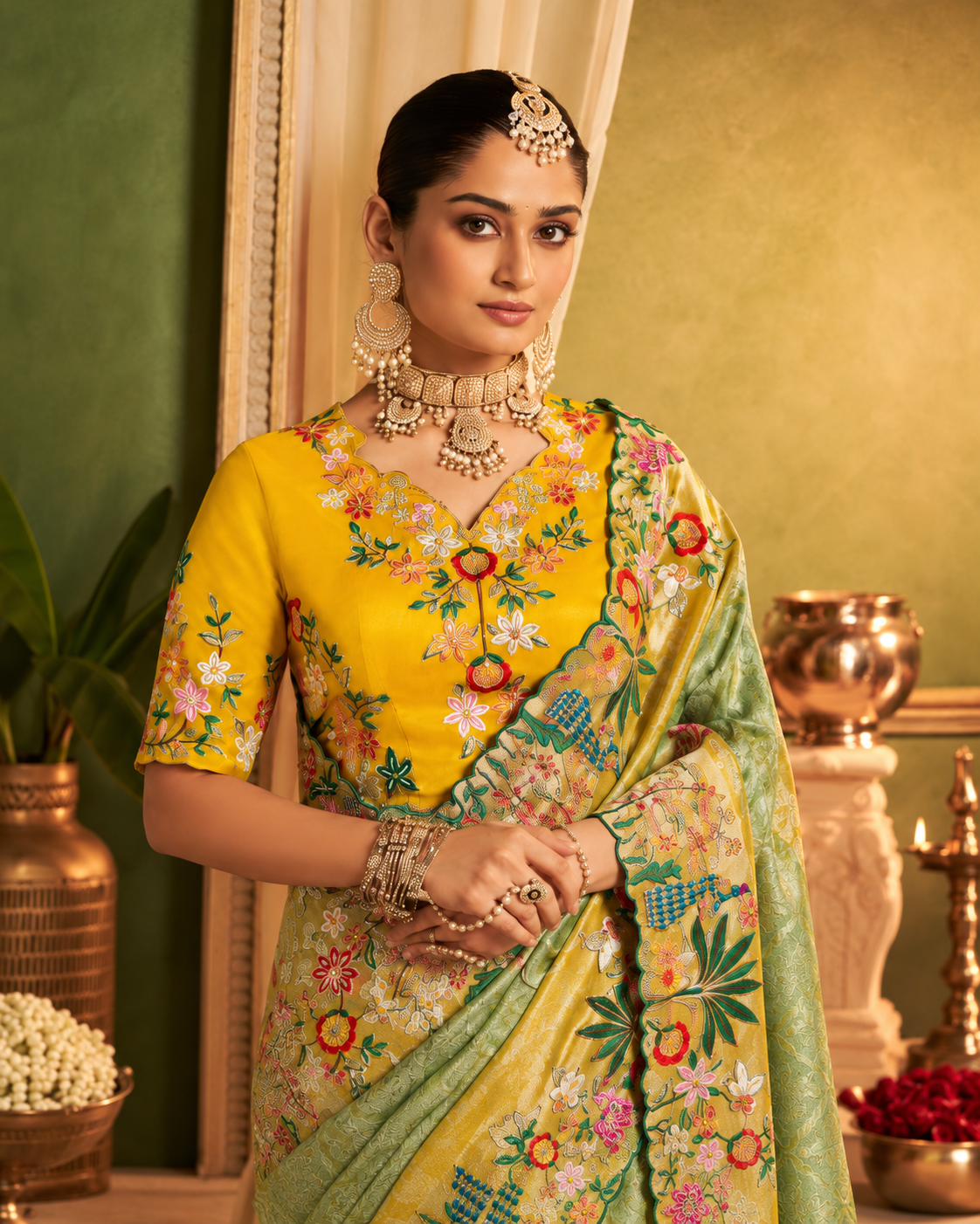 Royal Pista Green Designer Saree with Multicolour Floral Embroidery