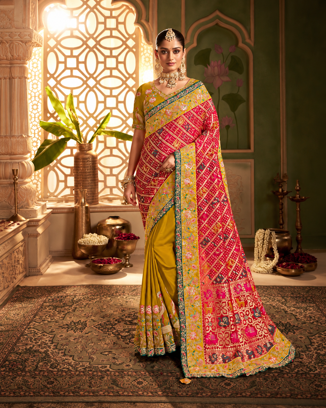Mustard Yellow & Red Patola Designer Saree with Multicolour Embroidered Border