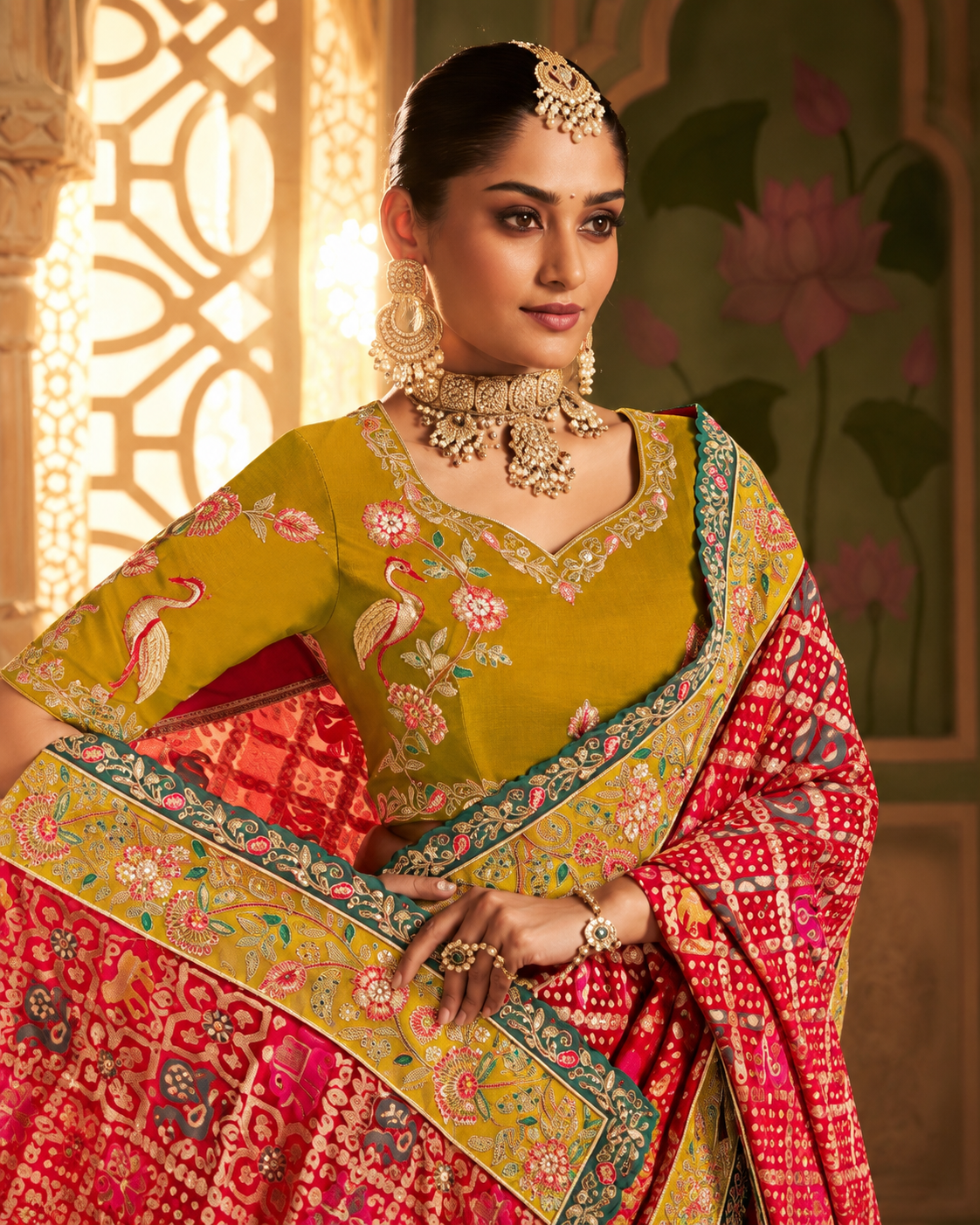 Mustard Yellow & Red Patola Designer Saree with Multicolour Embroidered Border Secondary image