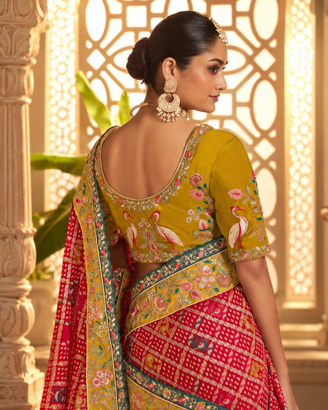 Mustard Yellow & Red Patola Designer Saree with Multicolour Embroidered Border