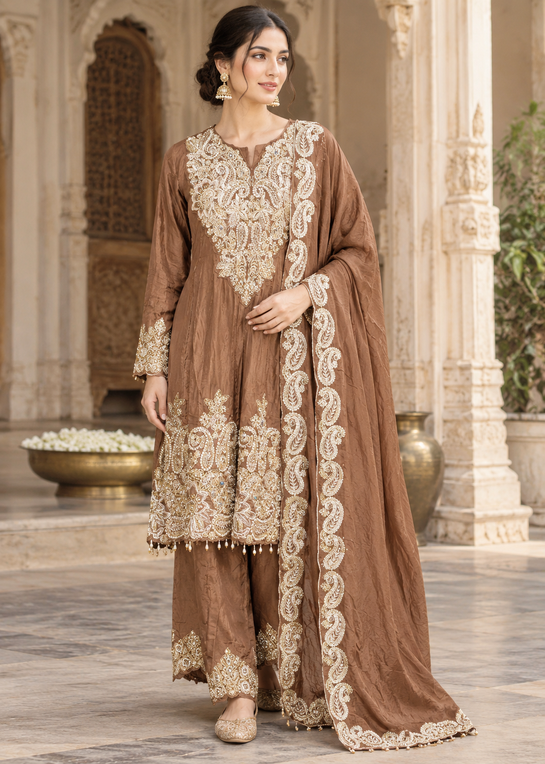 Elegance in Earthy Tones Chocolate Brown Heavily Embroidered Silk Palazzo Set