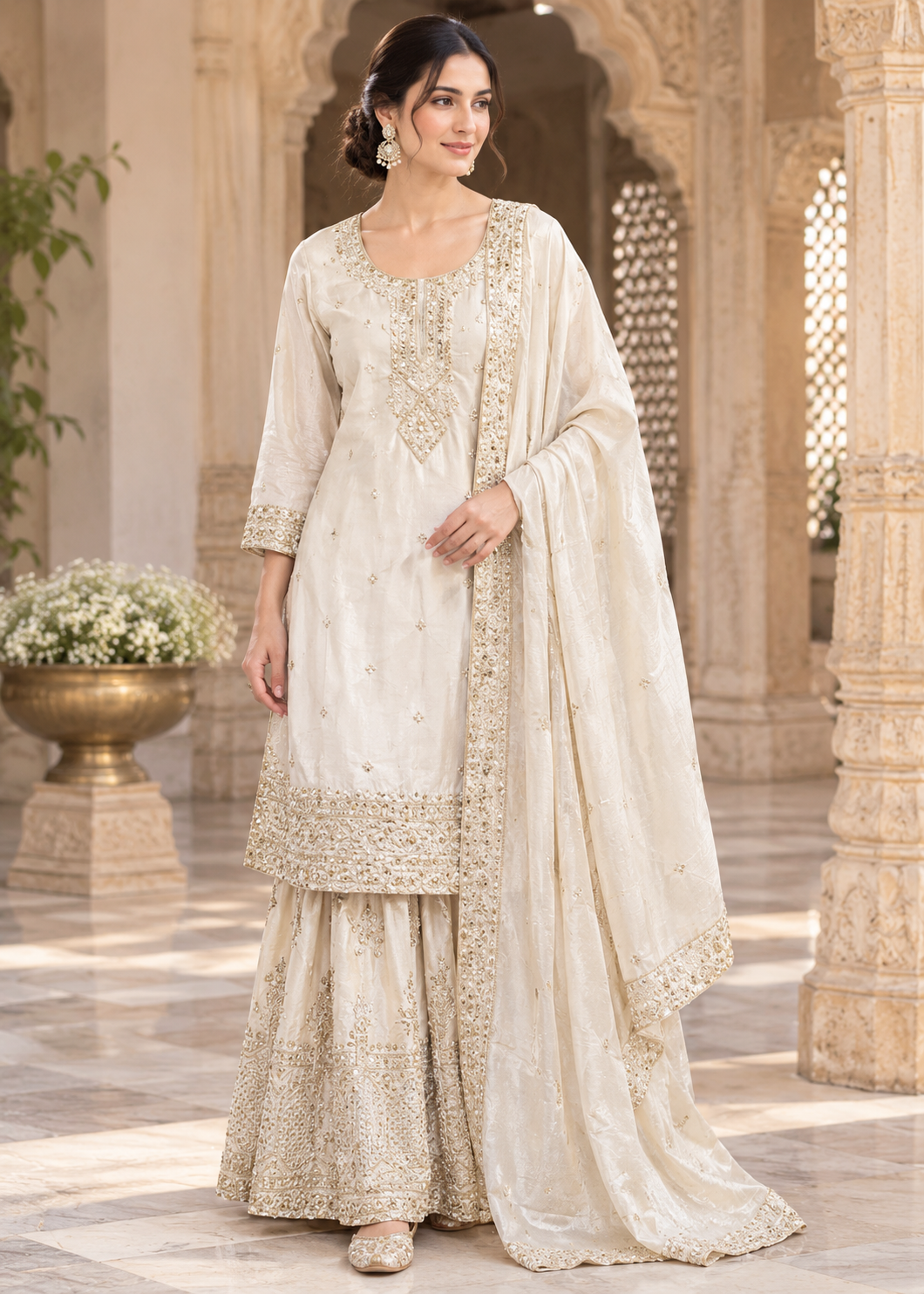 Ivory Embroidered Anarkali Sharara Suit with Dupatta