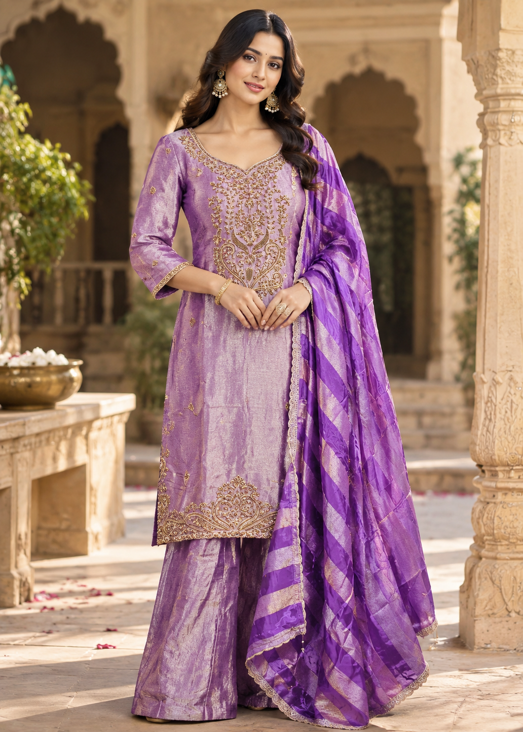Lavender Purple Embroidered Kurta Palazzo Suit with Dupatta