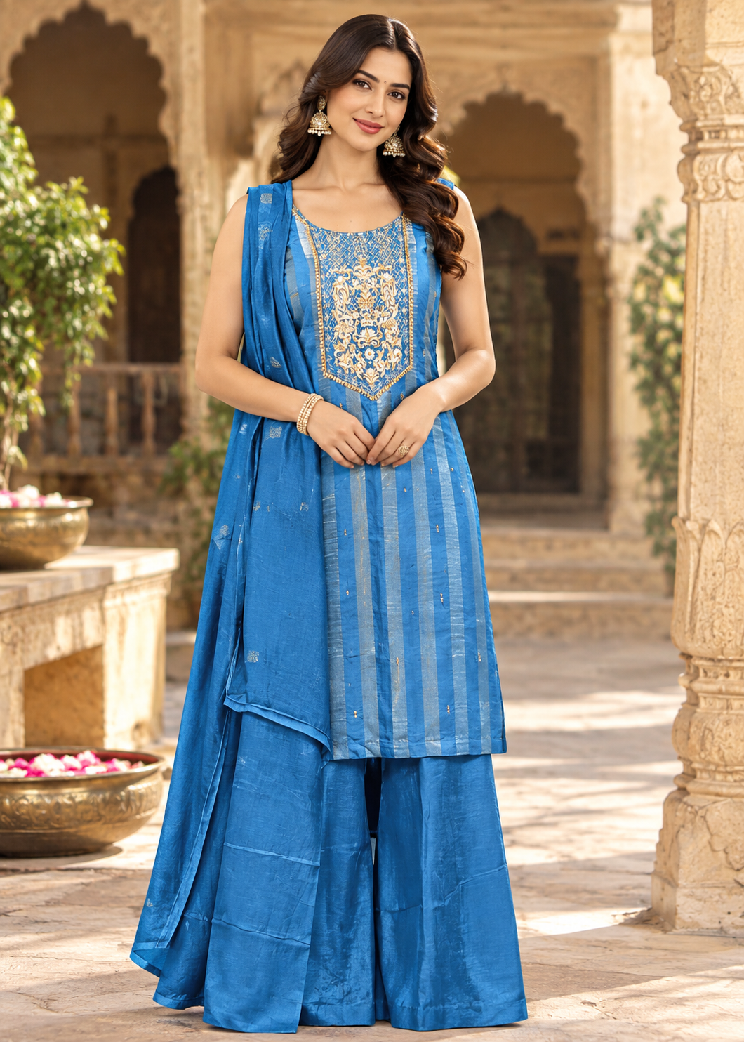 Royal Blue Embroidered Kurta Palazzo Set Main image