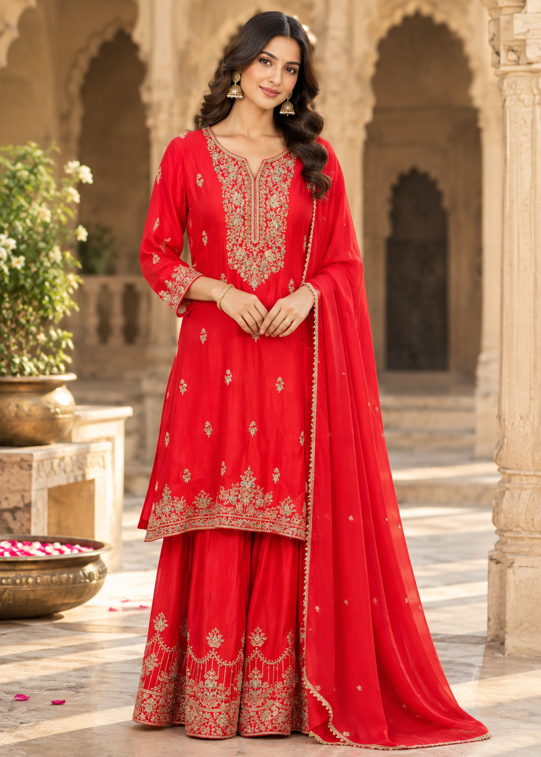 Red Embroidered Anarkali Palazzo Suit with Dupatta Main image