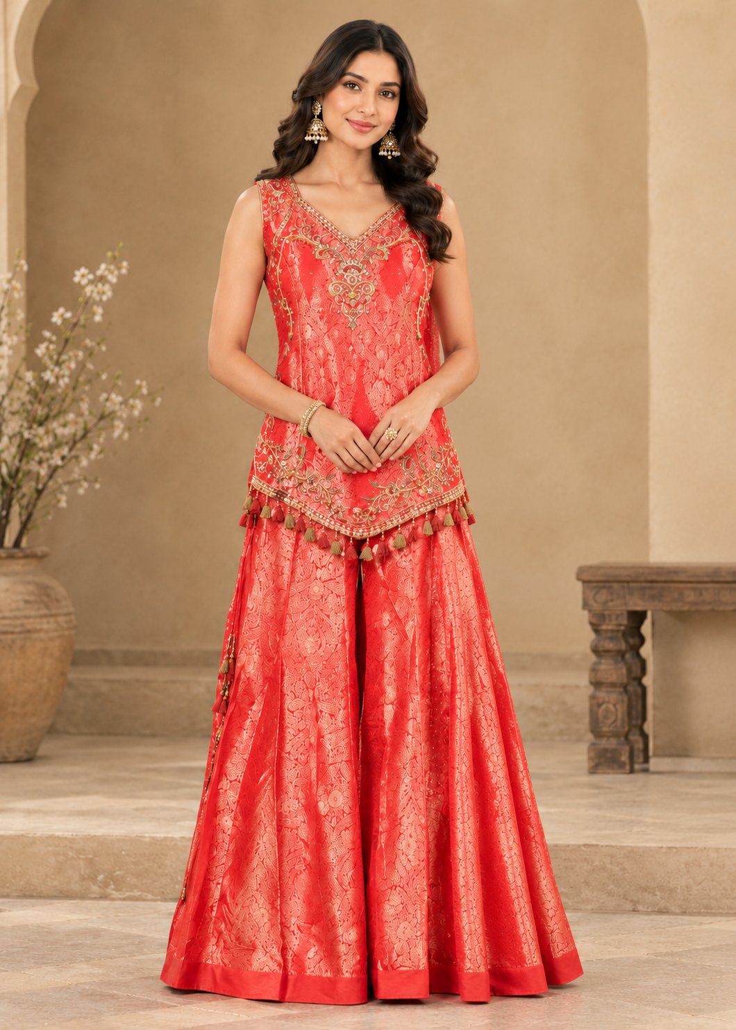 Coral Red Brocade Peplum Kurti with Palazzo Set Main image