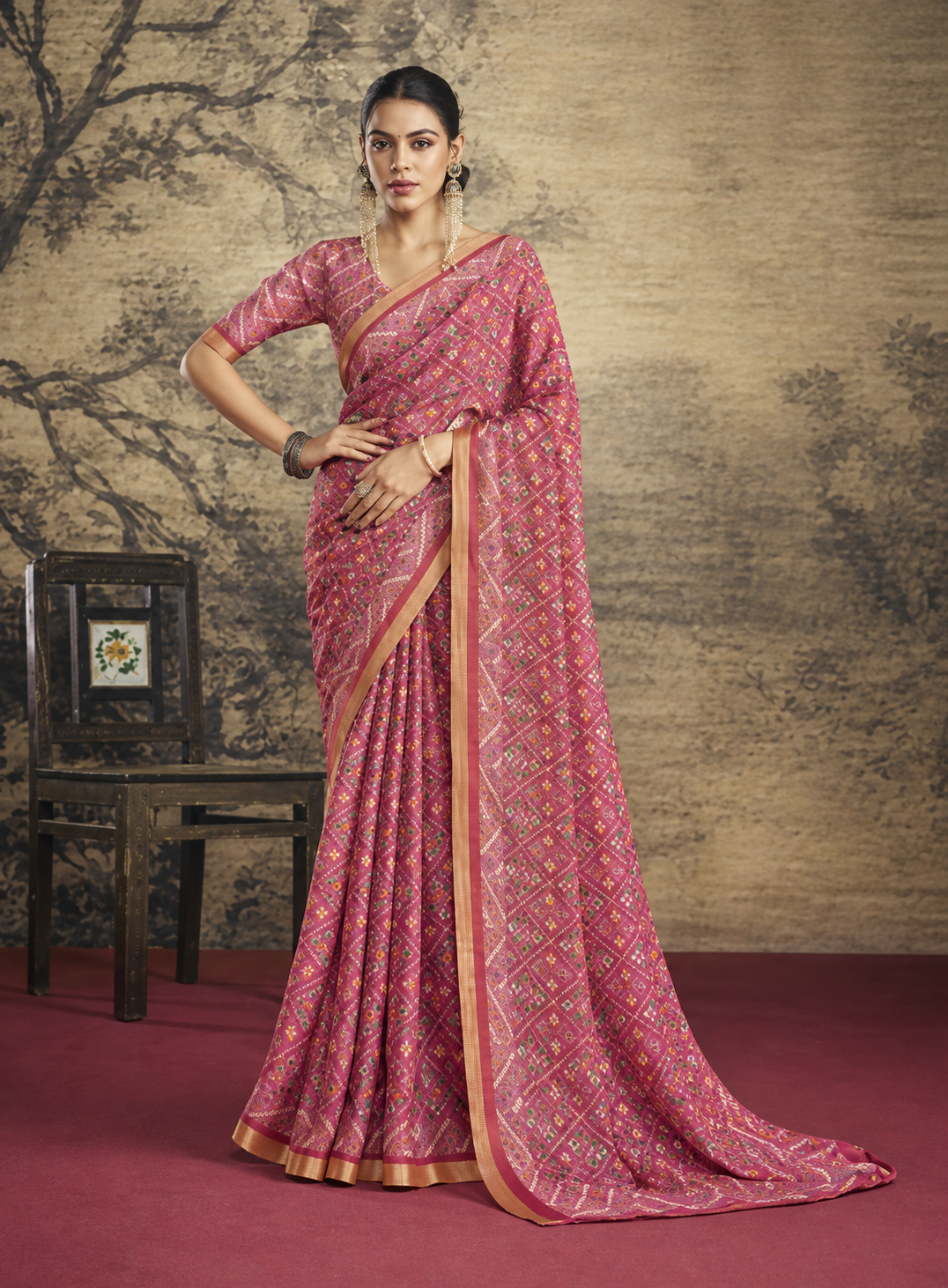 Elegant Pink Printed Silk Saree with Golden Border