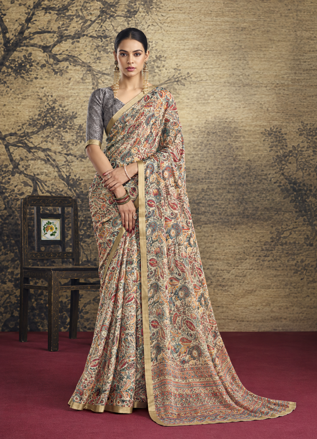 Beige Kalamkari Printed Silk Saree Set with Grey Brocade Blouse Main image