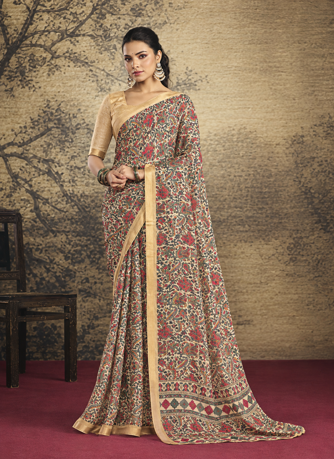 Multicolor Kalamkari Printed Saree with Gold Border