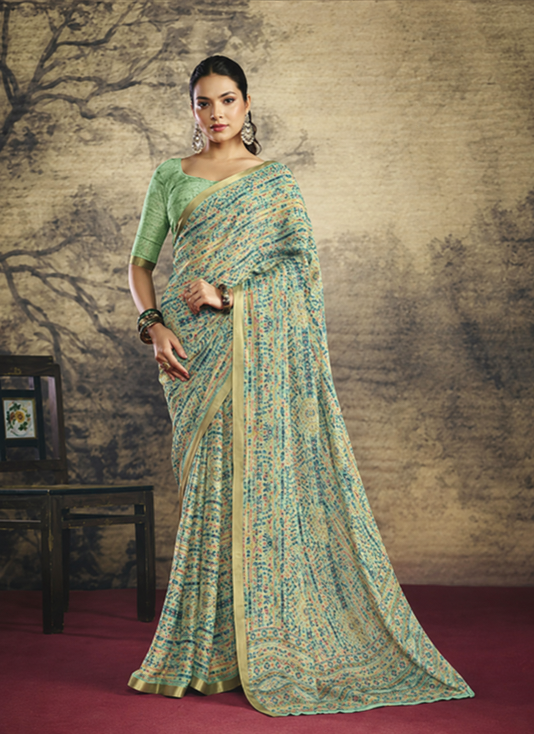 Sea Green Printed Georgette Saree with Blouse Main image