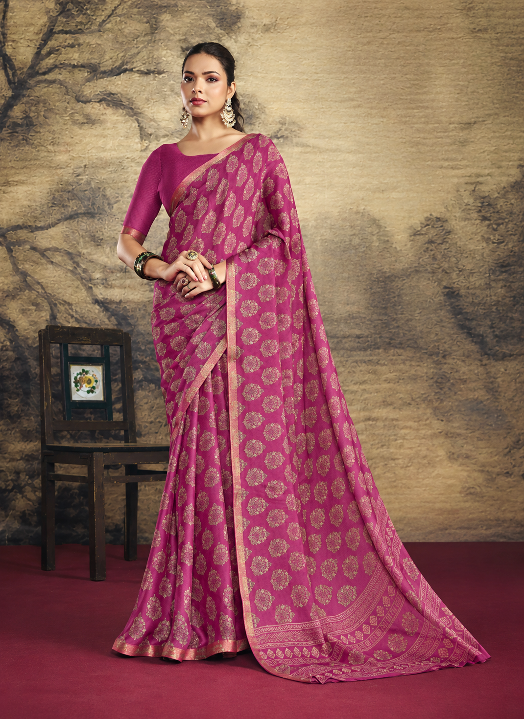 Regal Magenta Floral Printed Saree with Zari Border & Blouse Piece