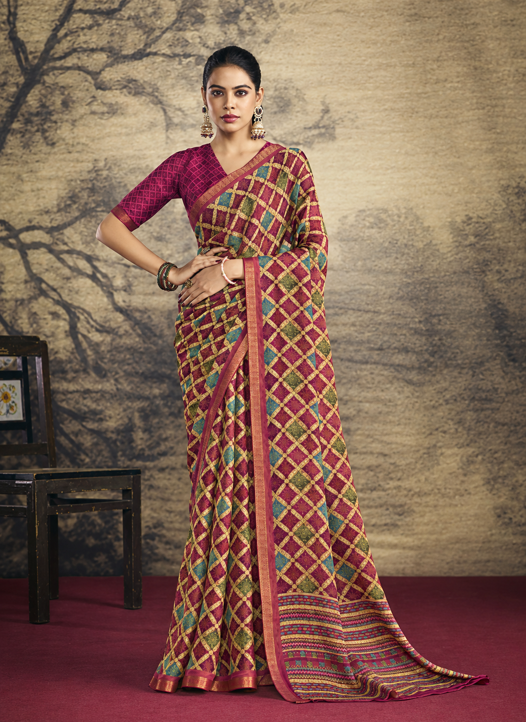 Classic Wine & Multicolored Printed Saree with Jacquard Blouse Piece
