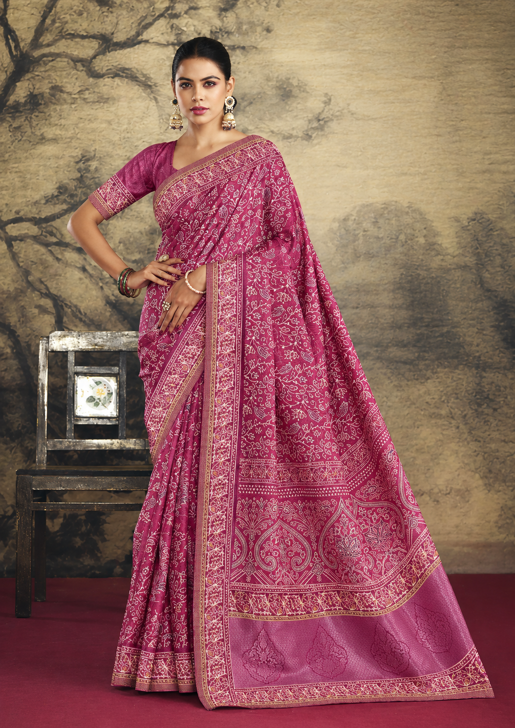 Vibrant Fuchsia Pink Kalamkari Floral Printed Saree with Embellished Border & Blouse Piece