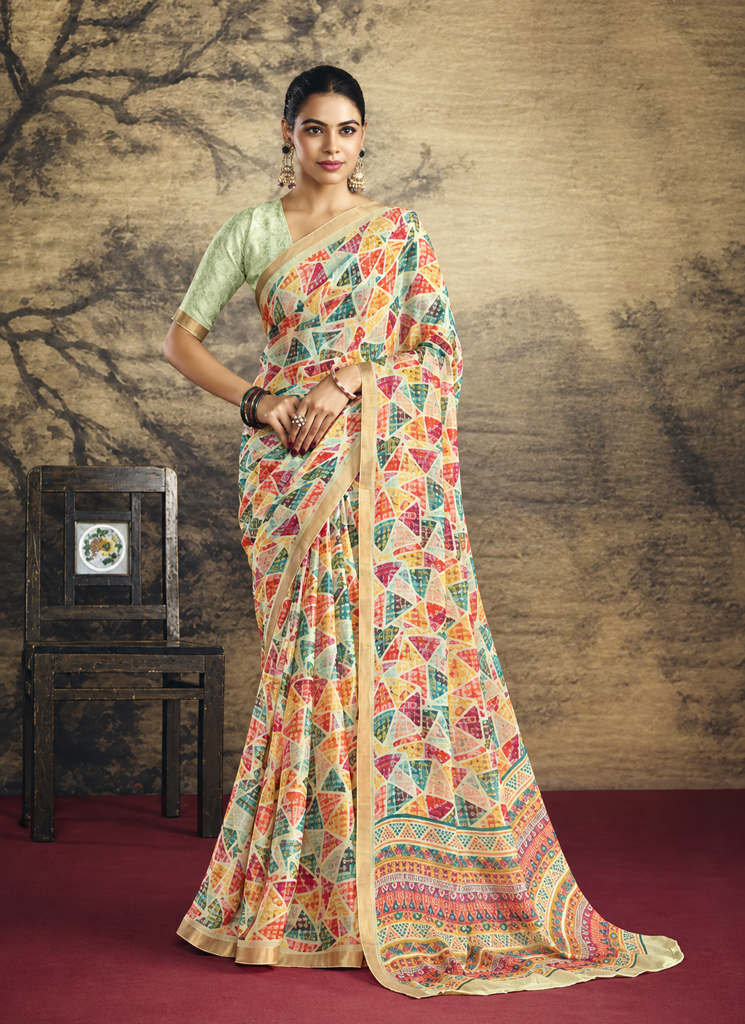 Vibrant Off-White & Multicolored Geometric Mosaic Printed Saree