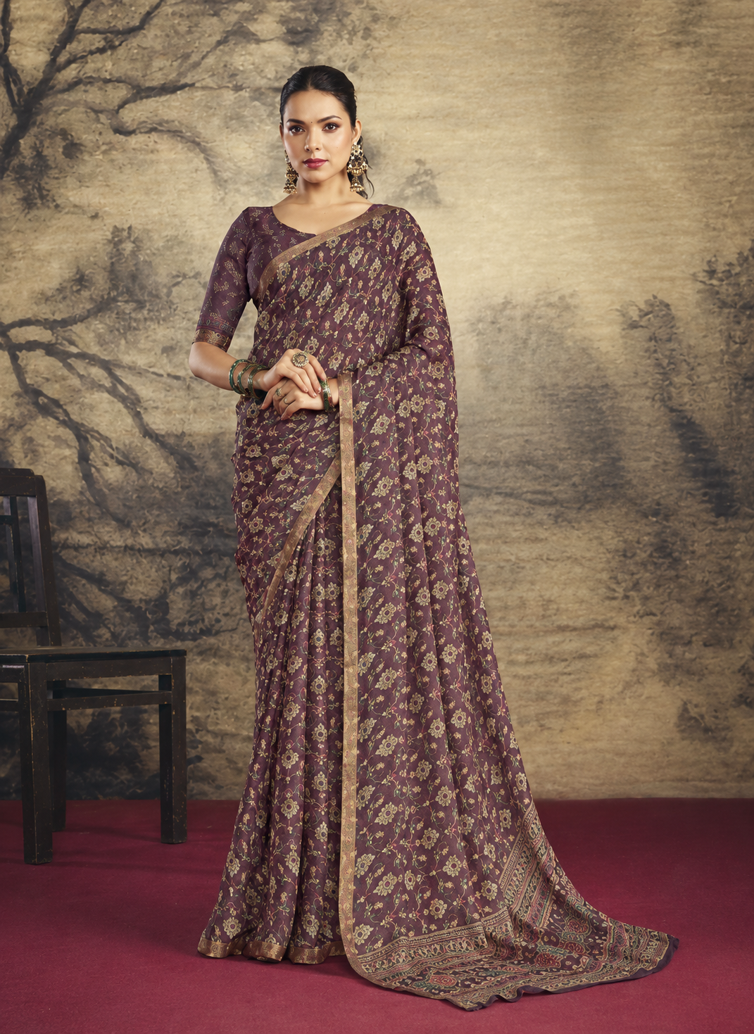 Regal Deep Plum Floral Jaal Printed Saree with Zari Border & Matching Blouse Piece