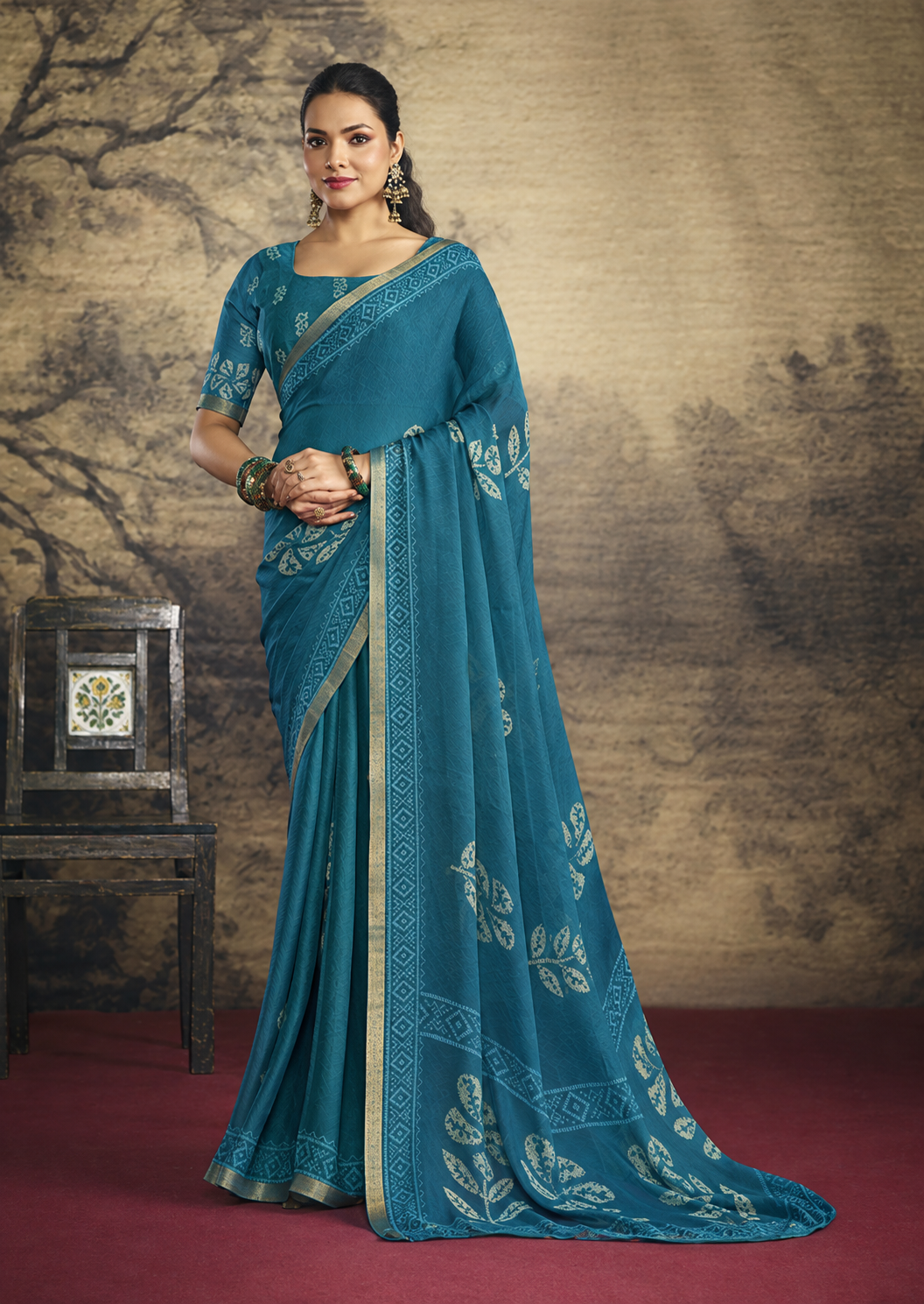 Elegant Peacock Teal Floral Leaf Printed Saree with Zari Border & Matching Blouse Piece