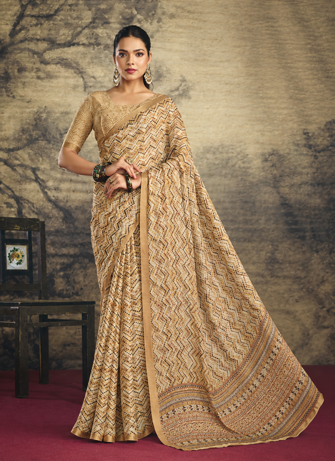 Beige Chevron Printed Silk Blend Saree with Matching Blouse Piece
