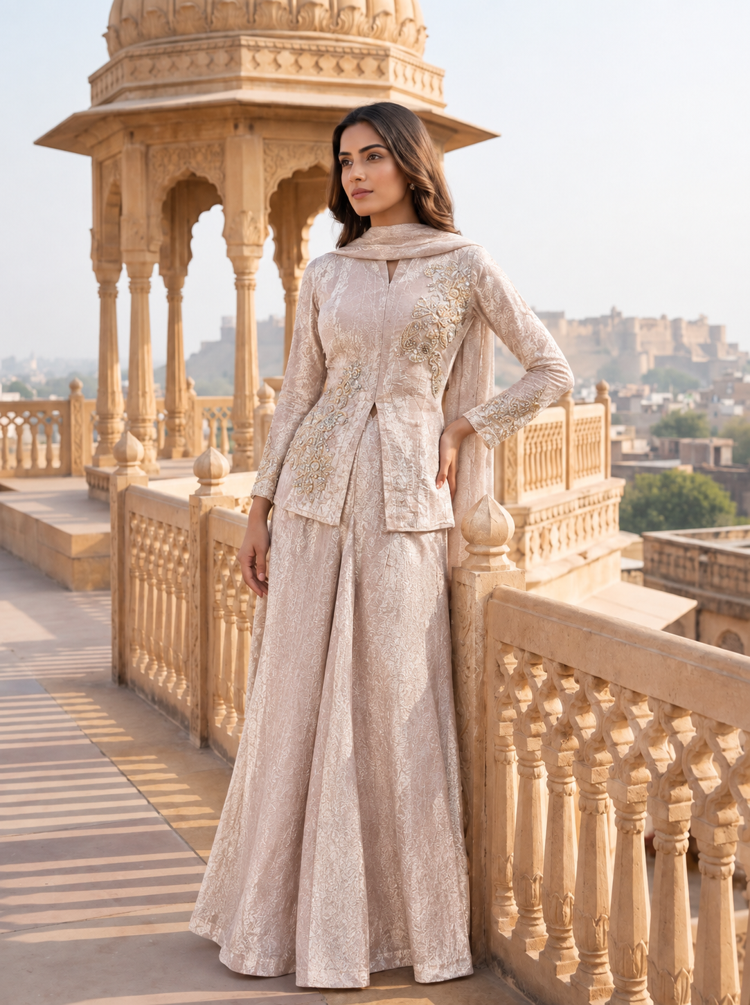 Champagne Nude Peplum Sharara Set with Gold Threadwork