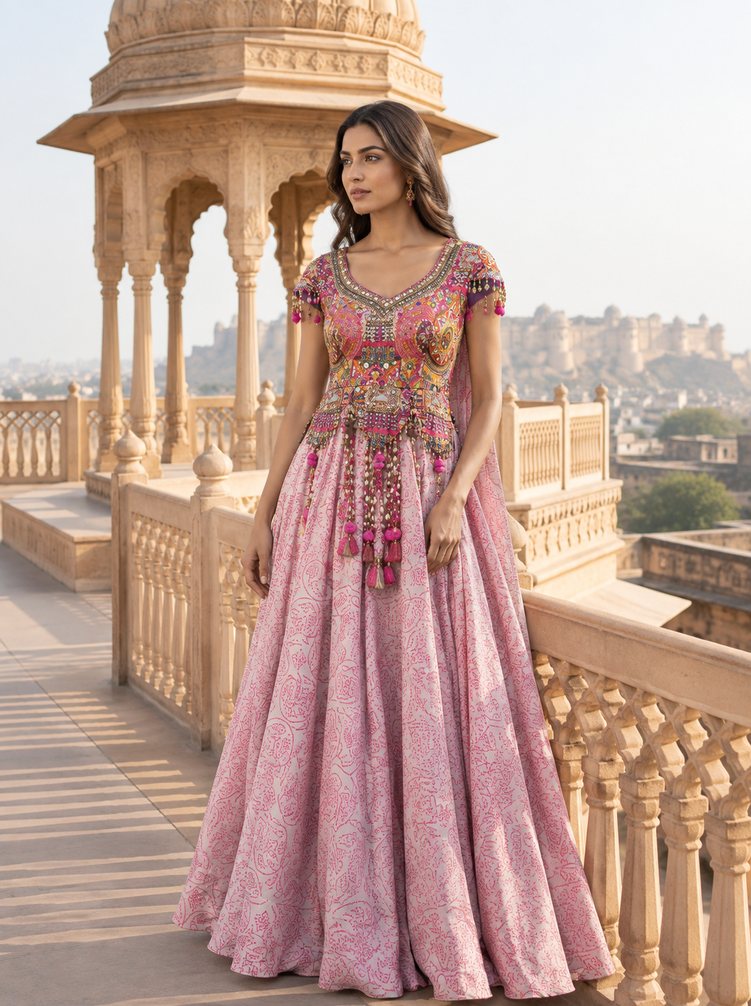 Multi-Color Embroidered Peplum Lehenga Set with Tassel Accents
