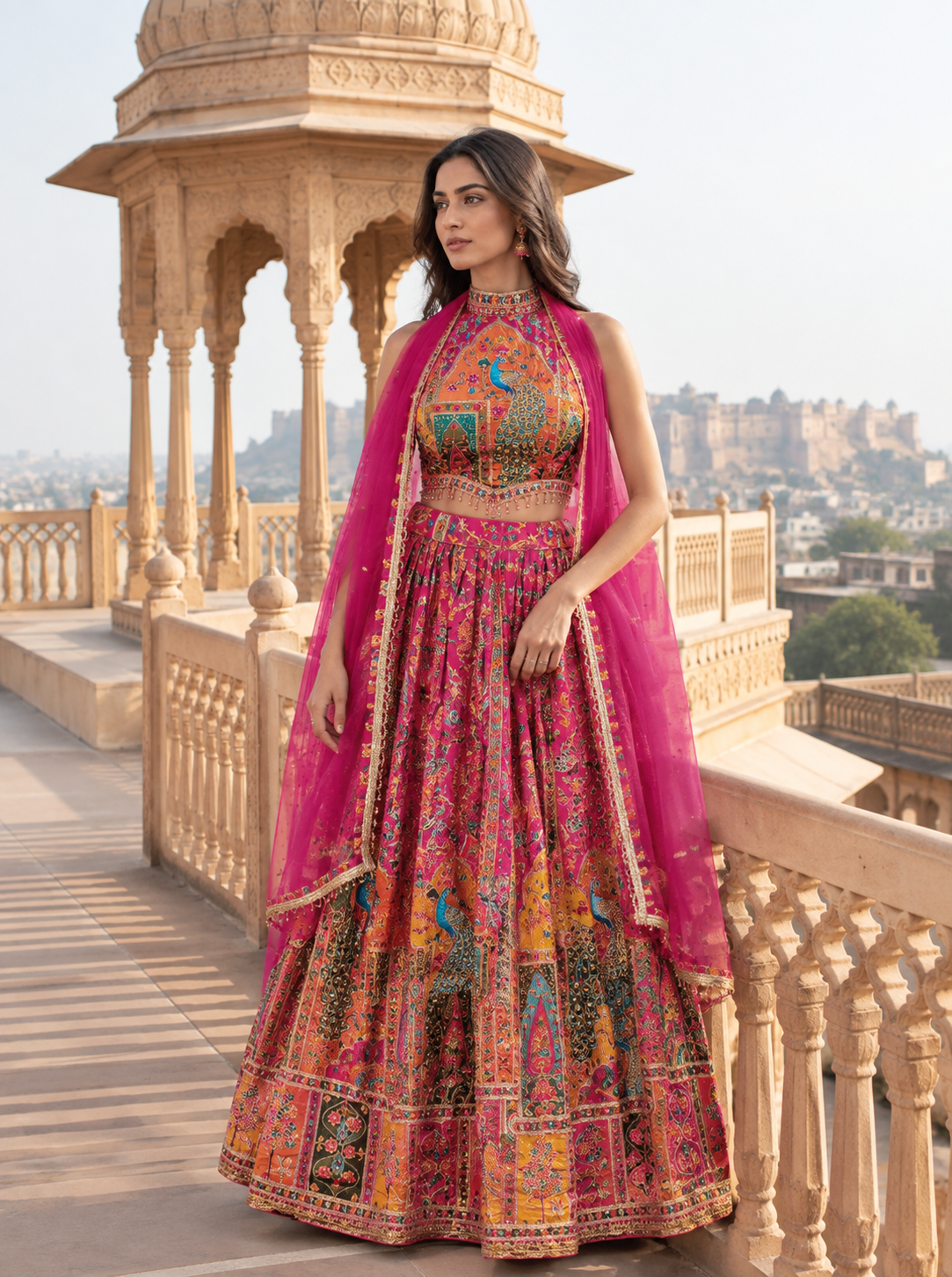 Fuchsia Pink Peacock Embroidered Halter Lehenga Set