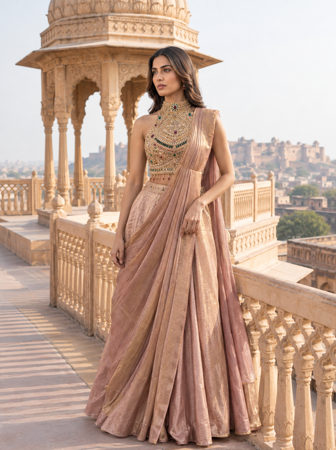 Rose Gold Halter Saree Gown with Jewel Encrusted Bodice