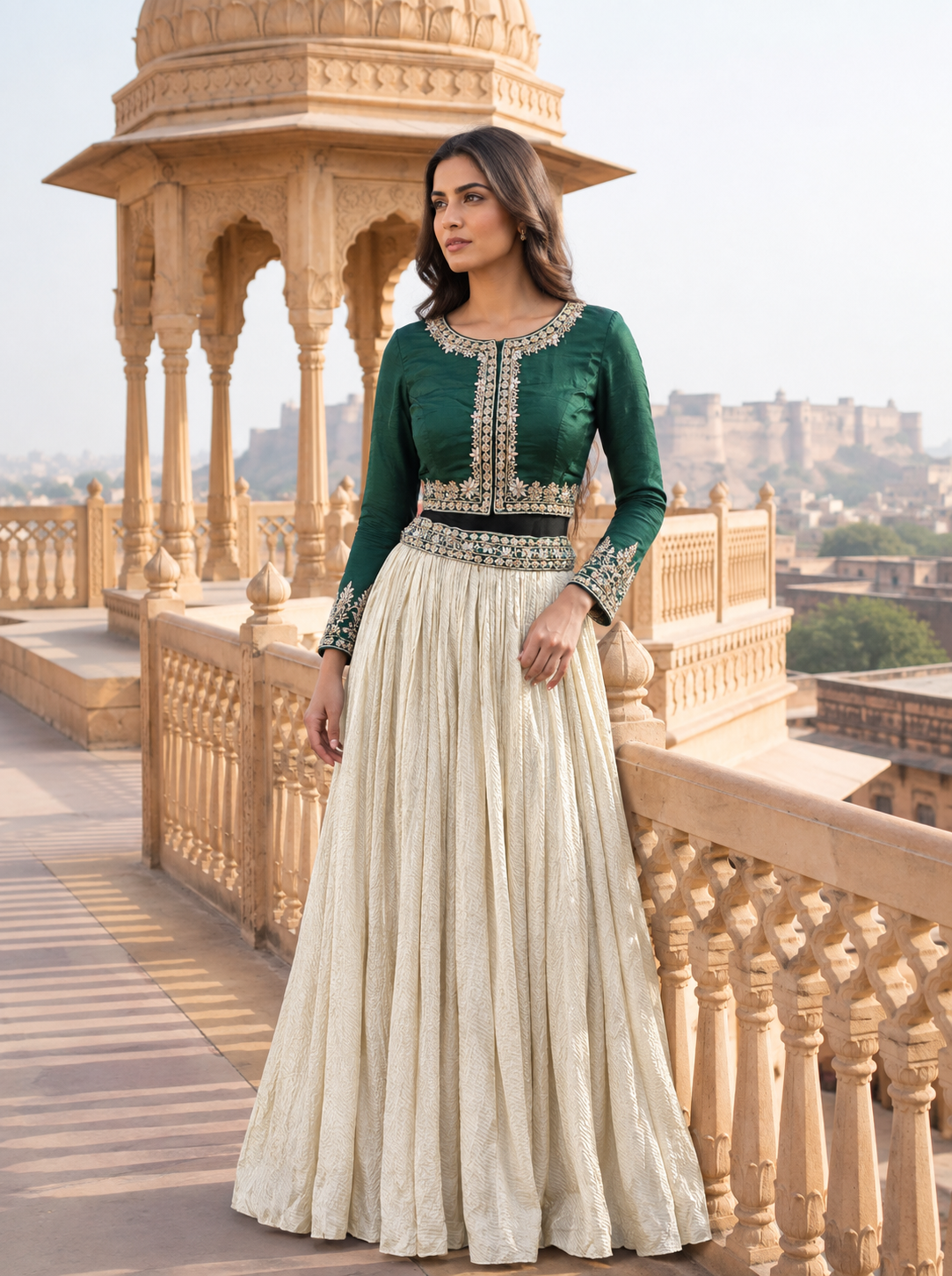 Emerald Green &amp; Cream Jacket-Style Lehenga Set