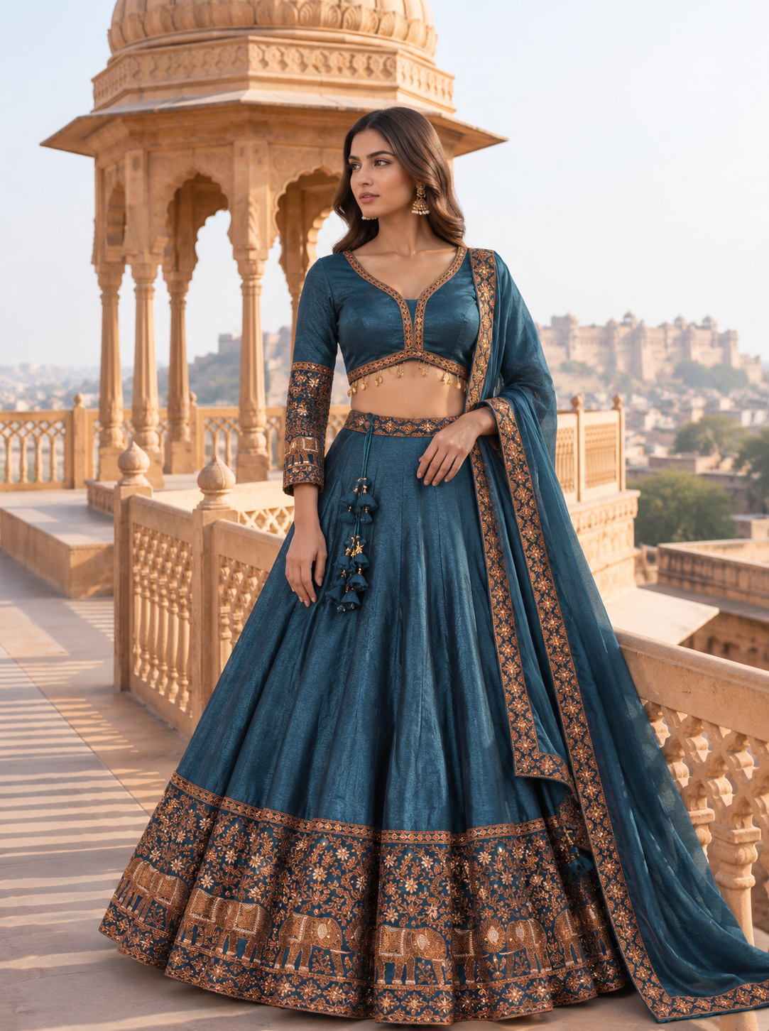 Teal Blue Embroidered Lehenga Set