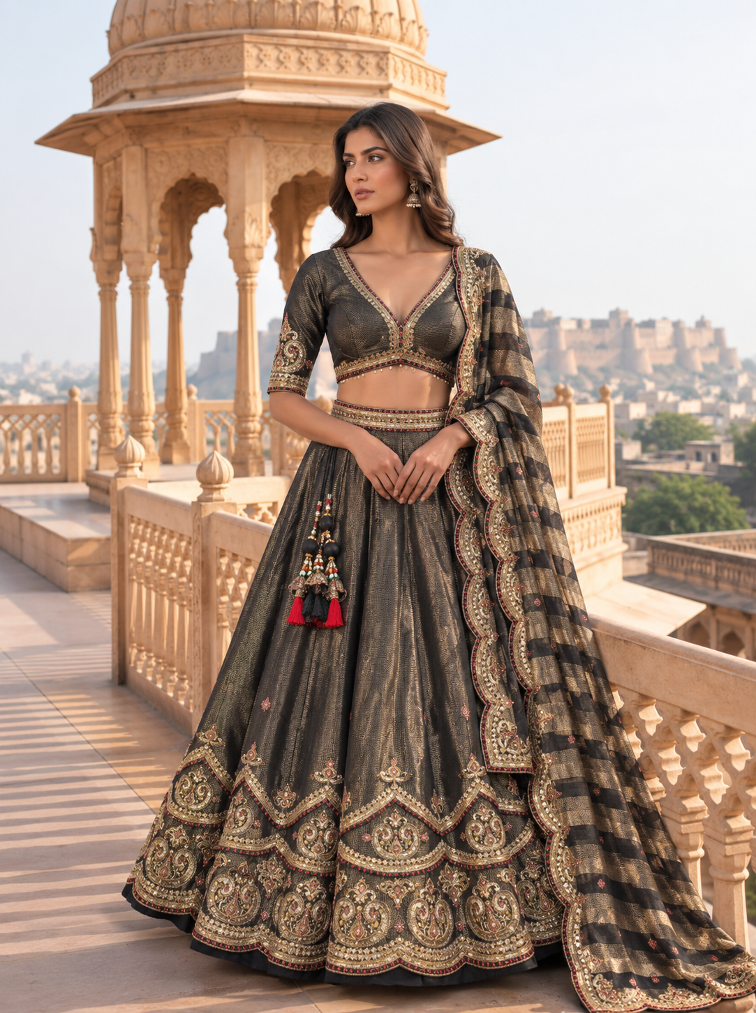 Charcoal Black &amp; Gold Embroidered Lehenga Set