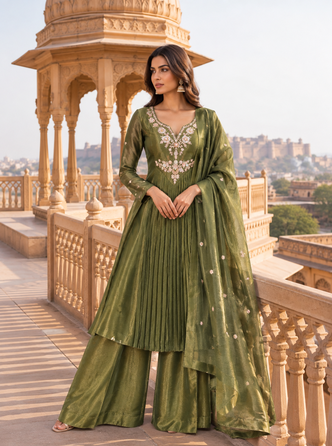 Olive Green Soft Fabric Embroidered Suit Set