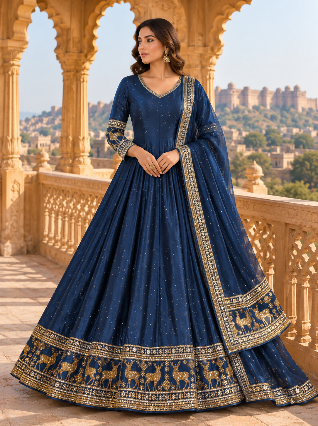 Royal Navy Deer Motif Anarkali Set