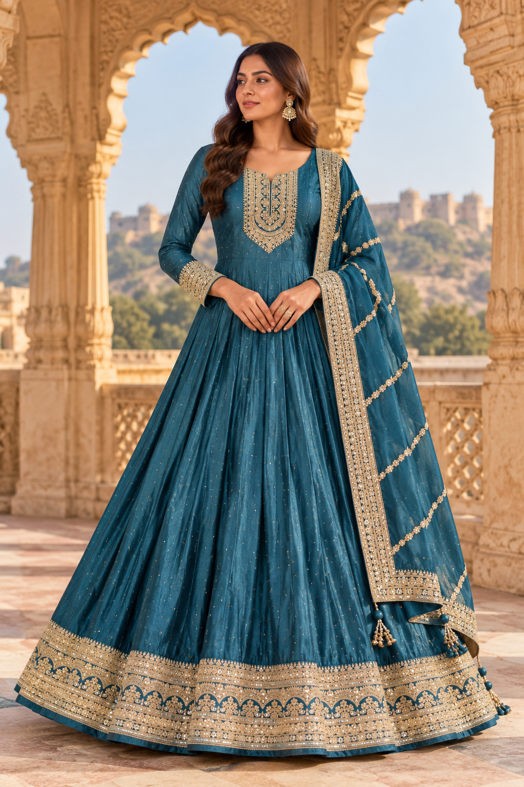 Teal And Gold Embroidered Anarkali Set Main image