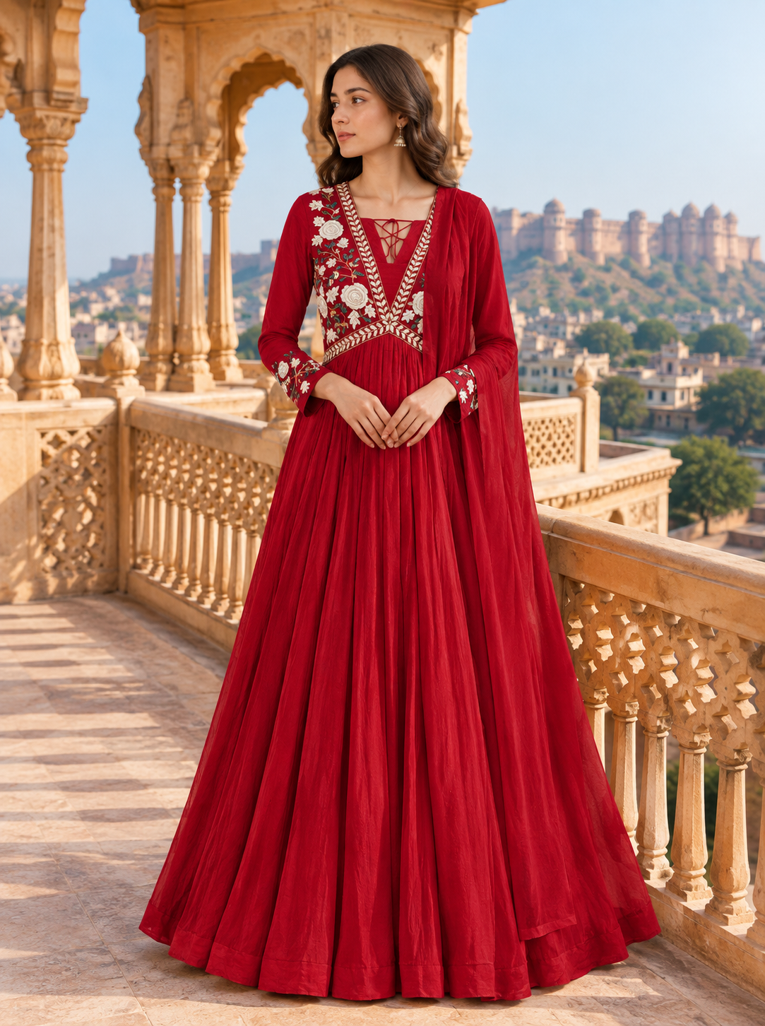 Crimson Floral Embroidered Anarkali Set