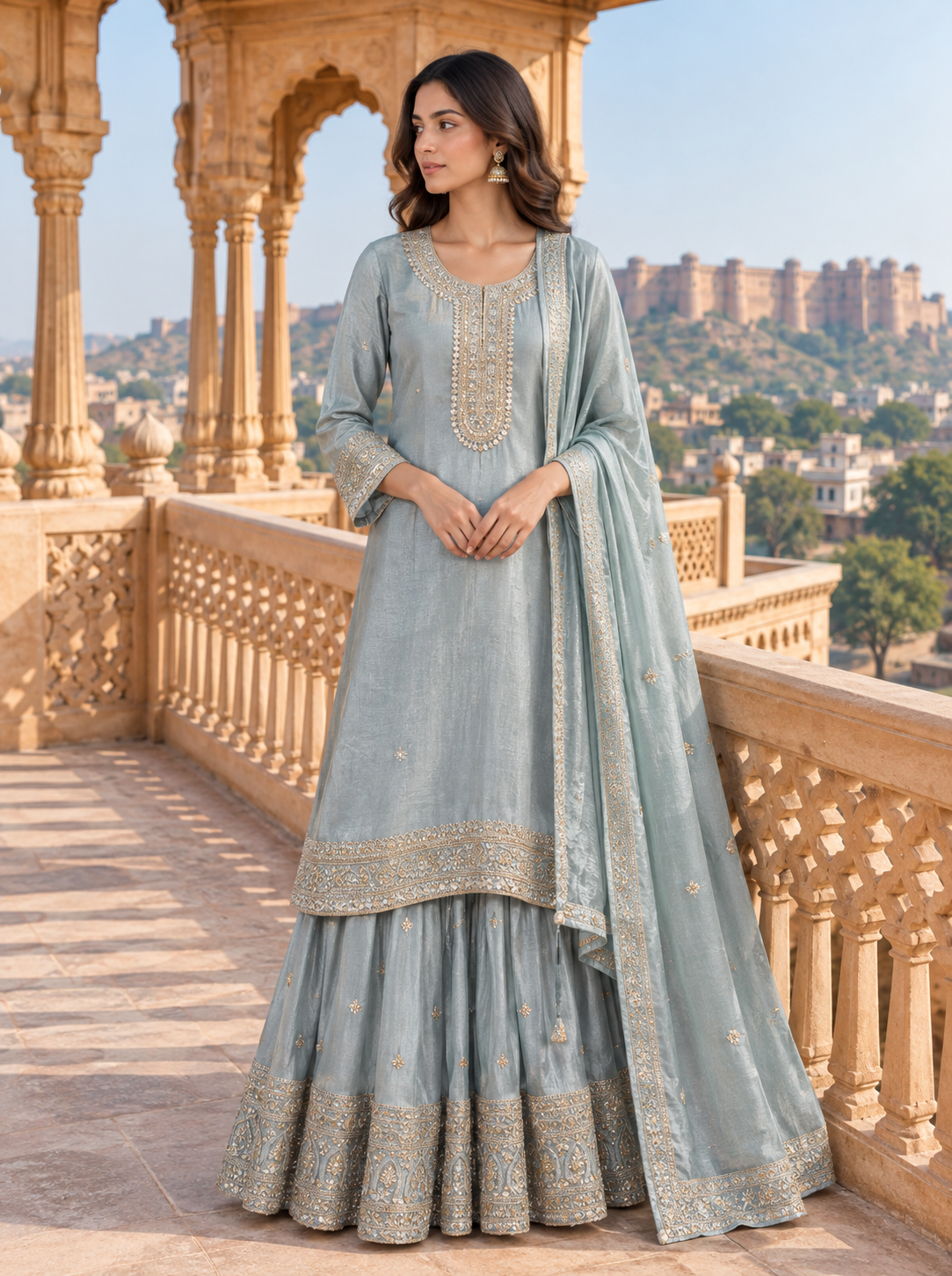 Ice Blue Embroidered Sharara Set Main image