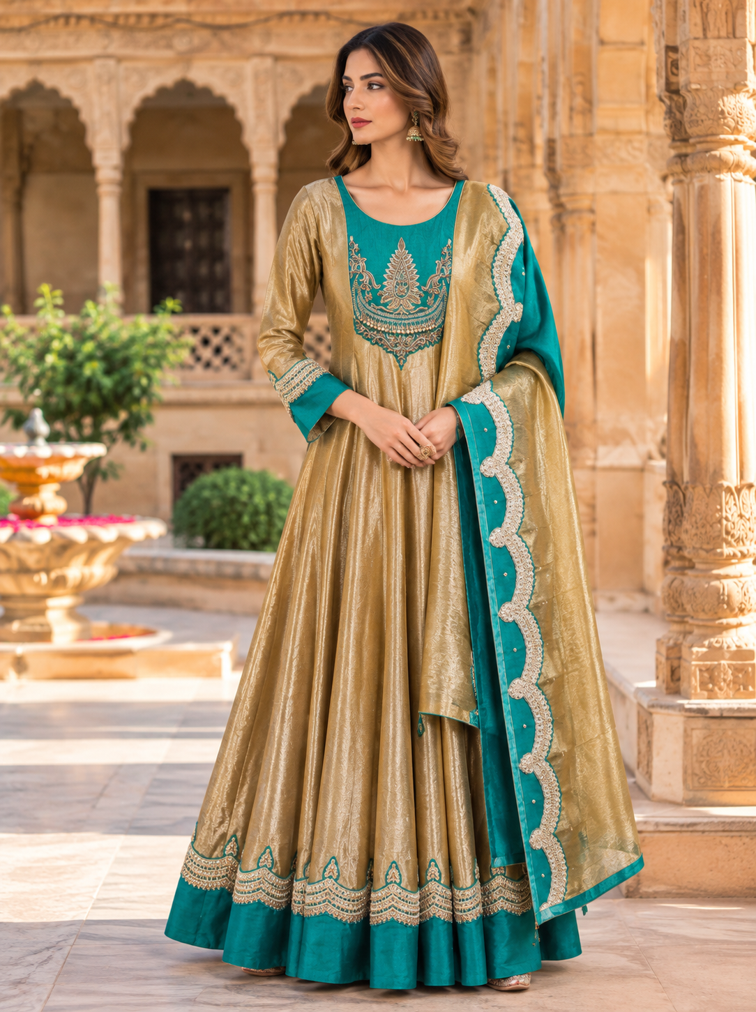 Antique Gold and Teal Anarkali Set