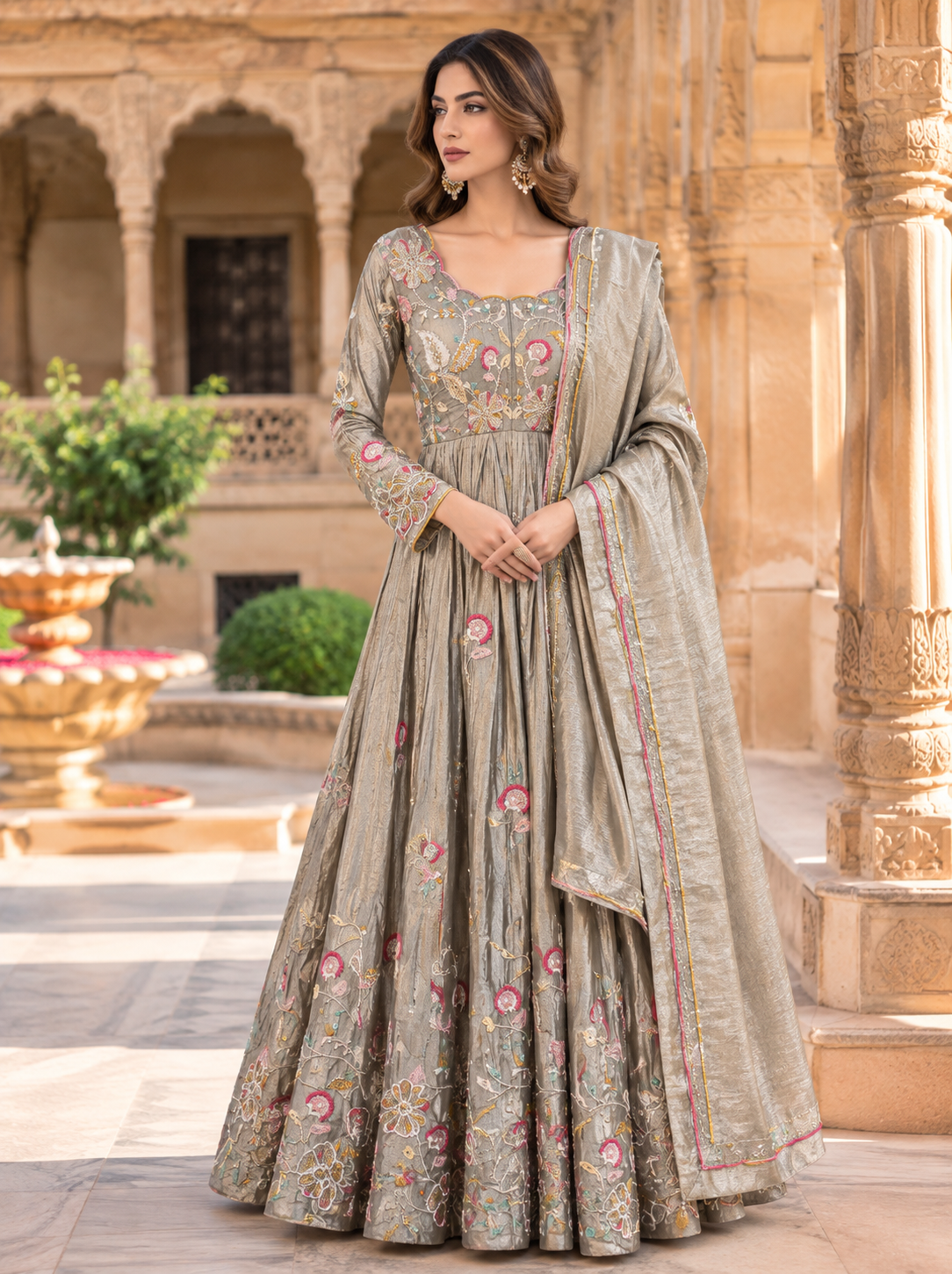 Silver Grey Stonework Anarkali Set