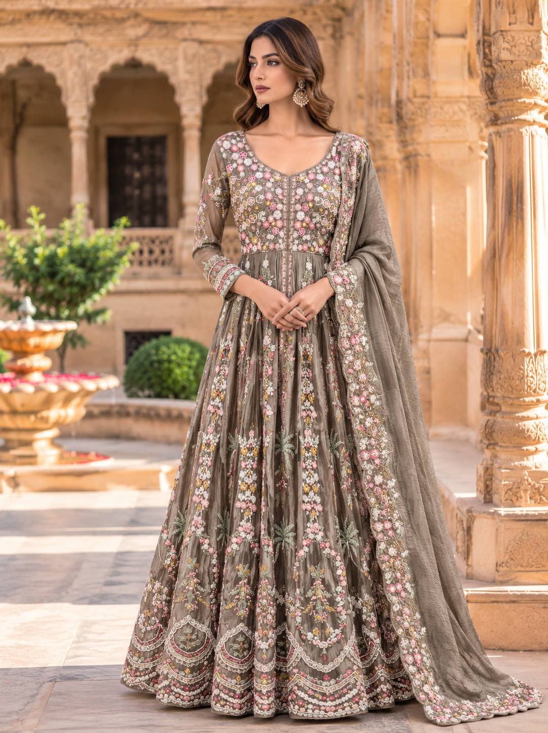 Mocha Bloom Embroidered Anarkali Set Main image