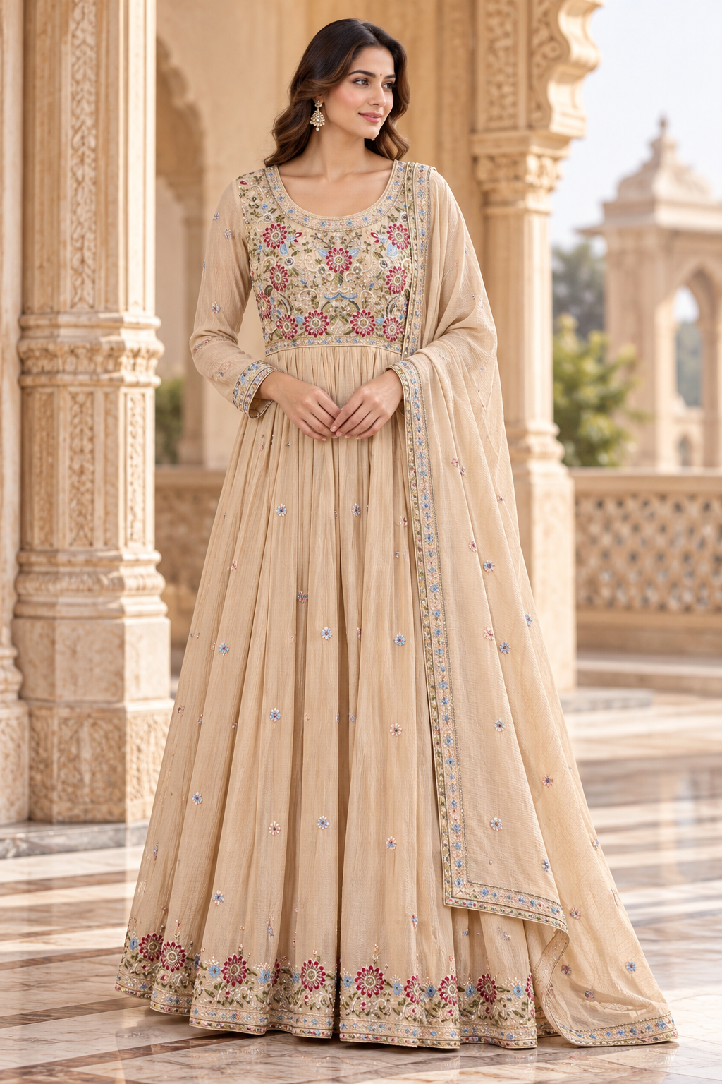 Beige Floral Embroidered Anarkali Set