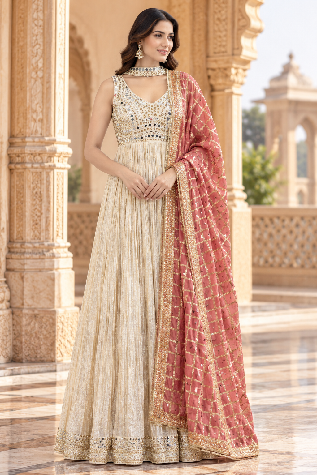 Ivory Mirror Work Anarkali Set