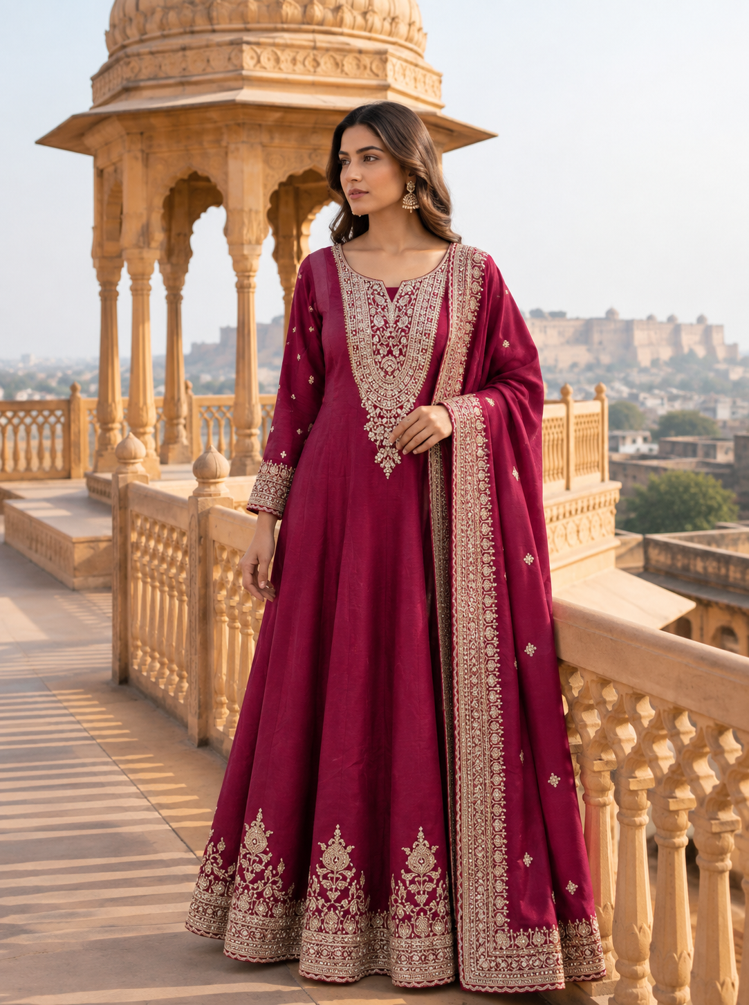Wine Embroidered Anarkali Set Main image