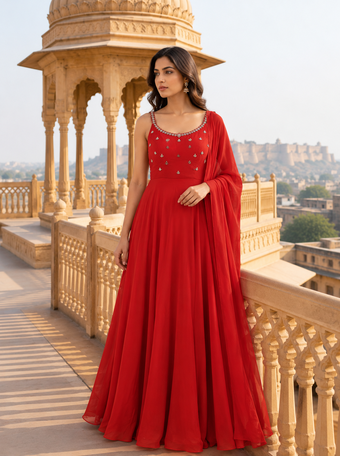 Red Embellished Anarkali Set