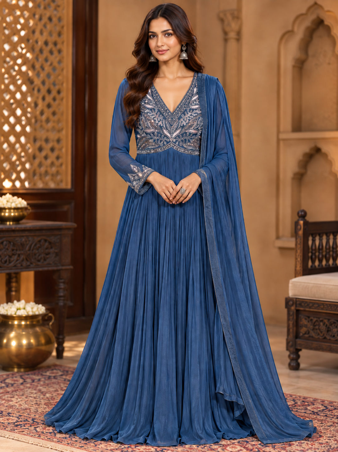Prussian Blue Embellished Georgette Anarkali Gown Set Main image
